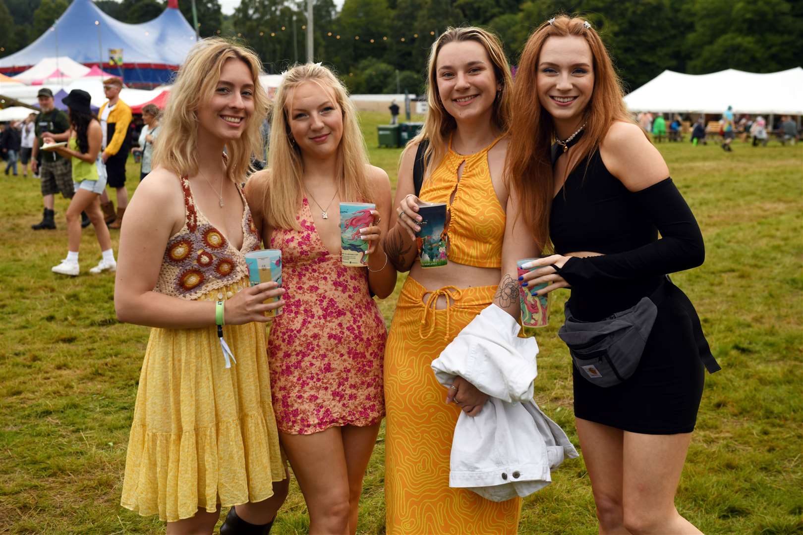 Sara Anderson, Niamh Peters, Phoebe Somervail and Orla Peters are amongst those who have arrived at the Belladrum site. Many others have been stuck in traffic. Picture: James Mackenzie.