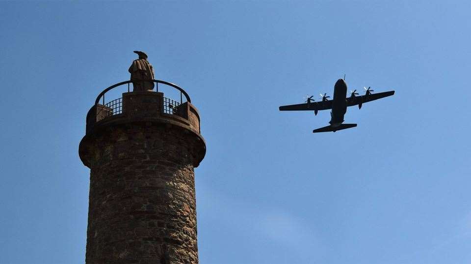 A military aircraft flies past the Glenfinnan Monument. Picture: Philip Murray.