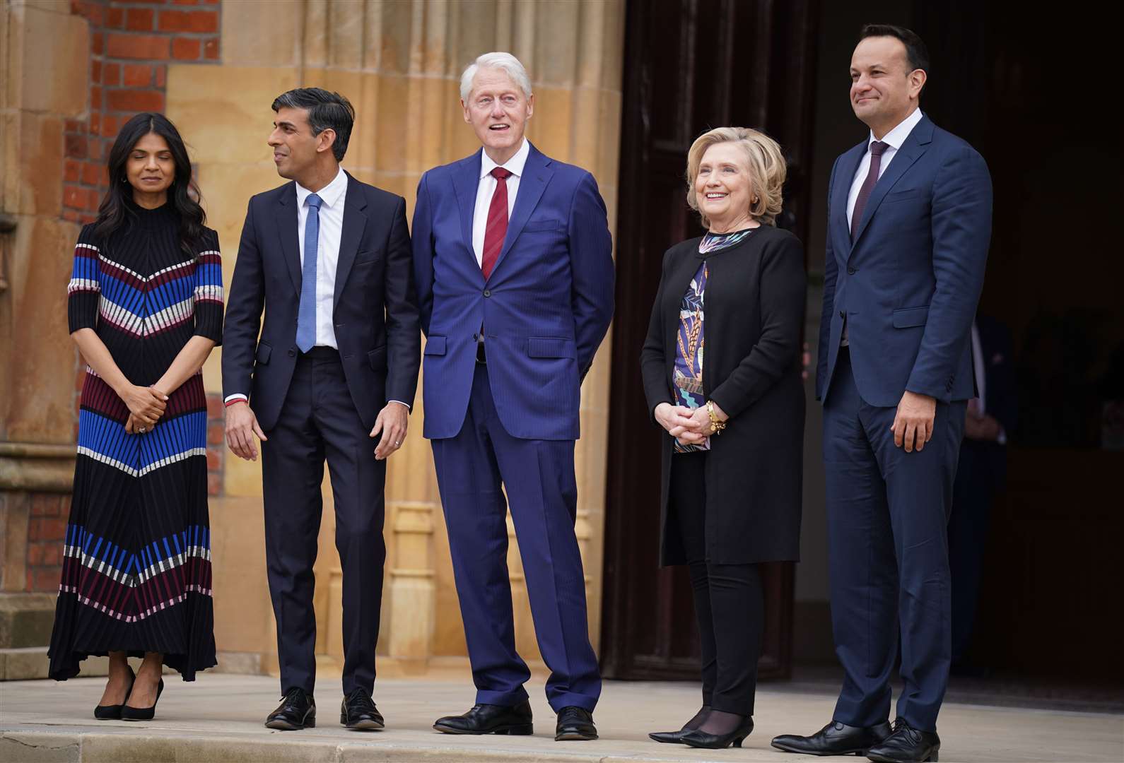From left: Akshata Murty, Prime Minister Rishi Sunak, former US president Bill Clinton, Hillary Clinton and Taoiseach Leo Varadkar after the international conference to mark the 25th anniversary of the Belfast/Good Friday Agreement (Niall Carson/PA)