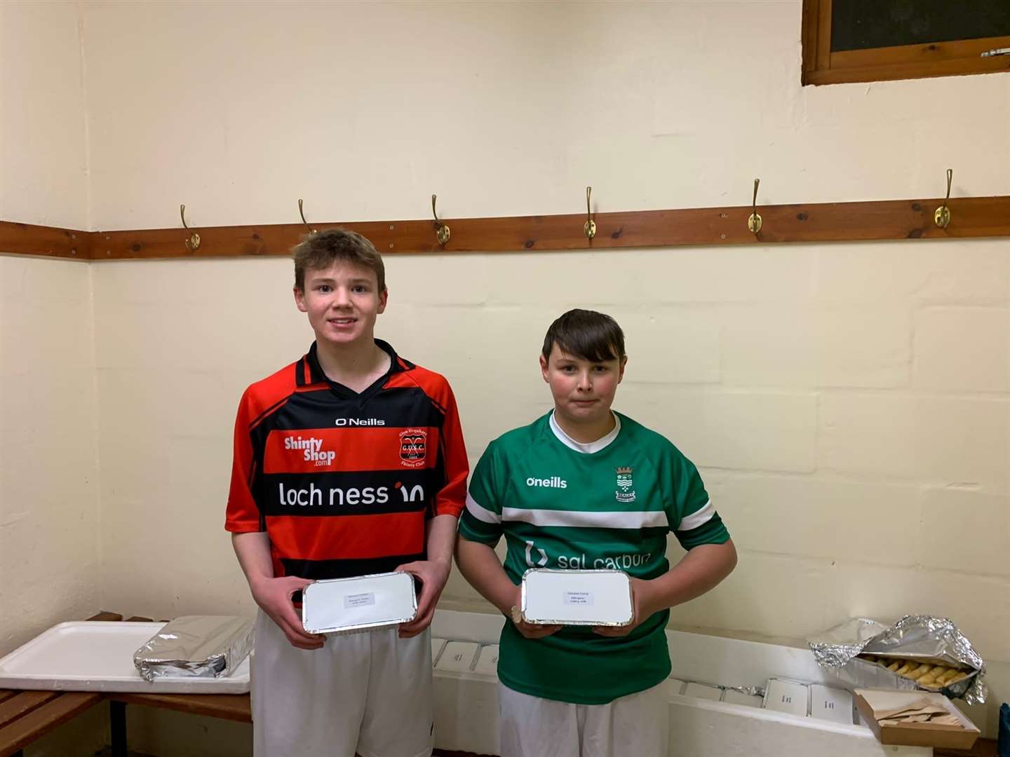 Alfie MacLeod (Glenurquhart Shinty Club) & Daniel Renwick (Beauly Shinty Club) are the first of 90 kids to be fed by Beauly Shinty Club this week as part of an eight-week initiative.