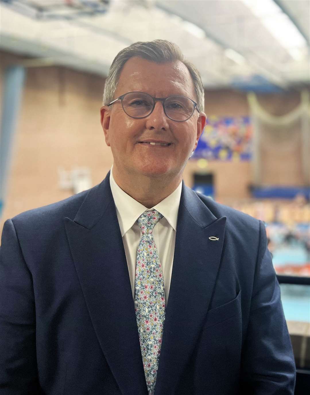 DUP leader Sir Jeffrey Donaldson at Laganvalley Leisureplex where counting is continuing for the Lisburn and Castlereagh City Council (Claudia Savage/PA)