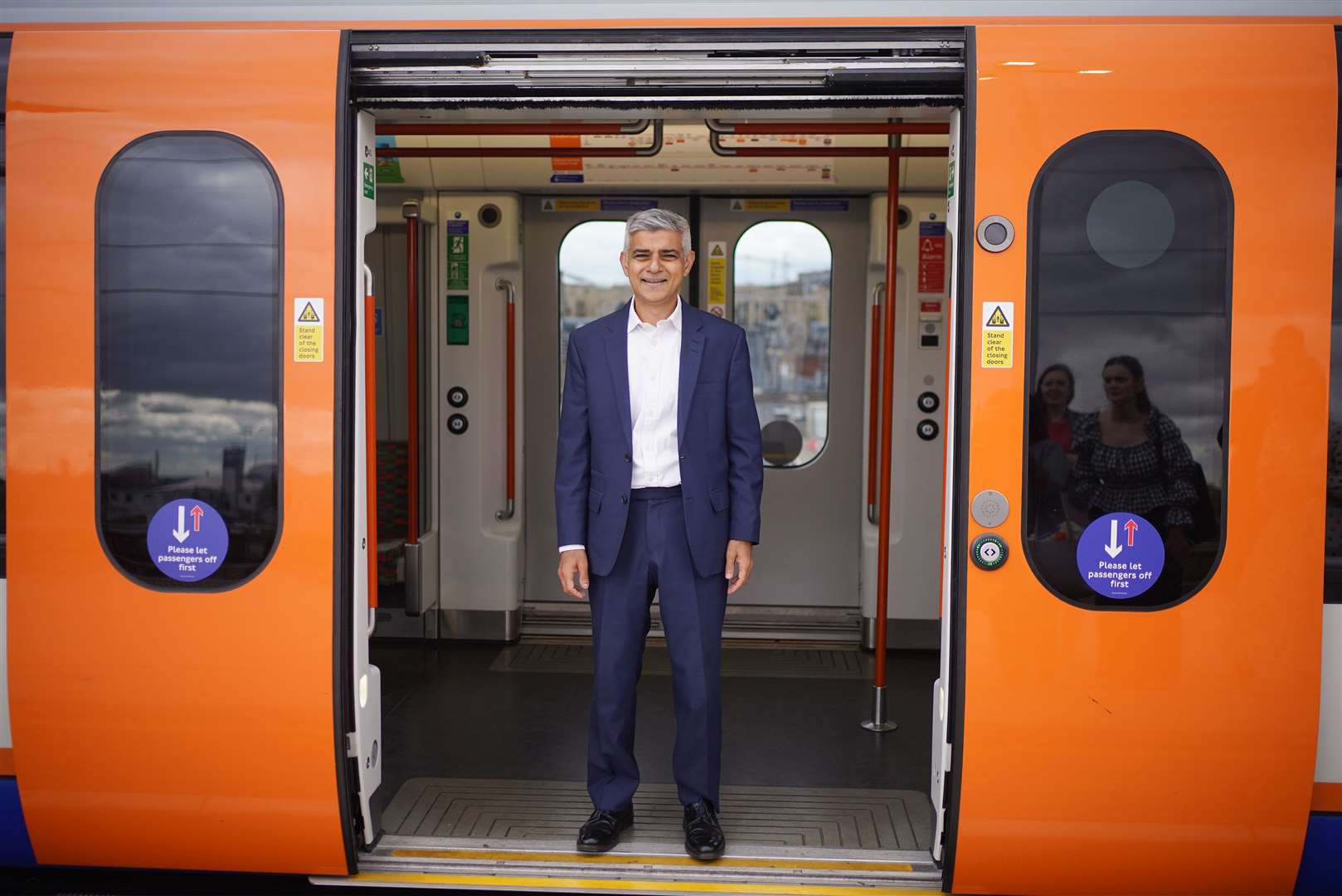 Mayor of London Sadiq Khan poses in a carriage of a London Overground train (Yui Mok/PA)