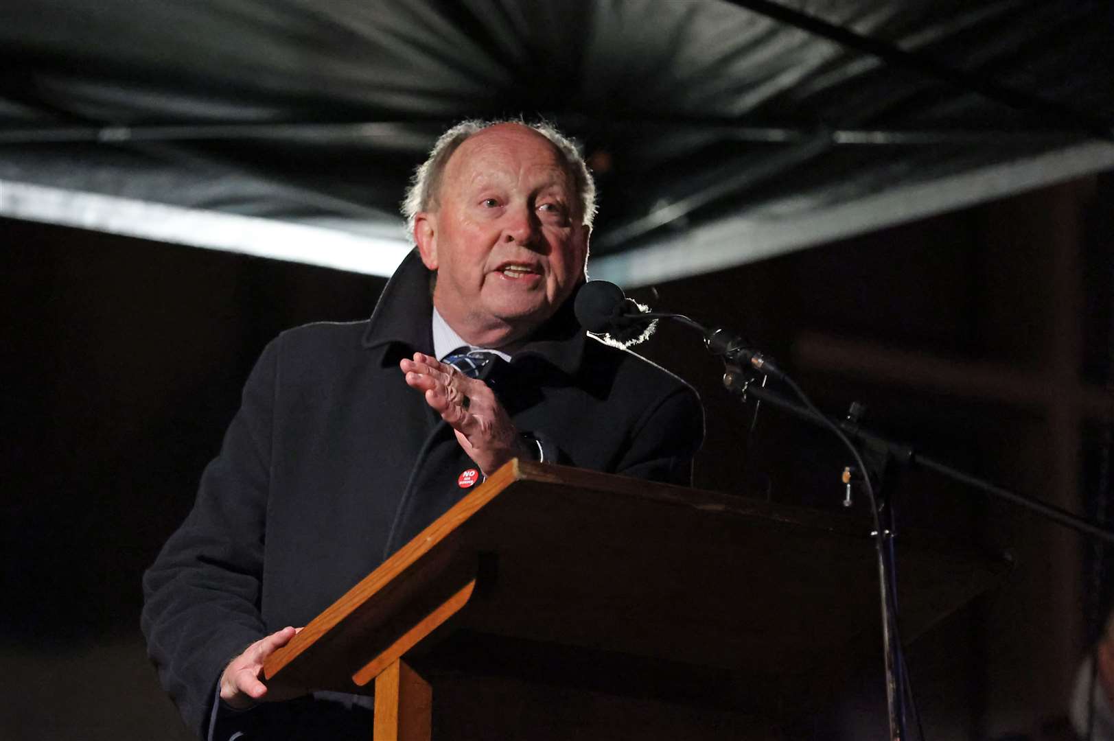Jim Allister speaking during the rally in Lurgan (Liam McBurney/PA)
