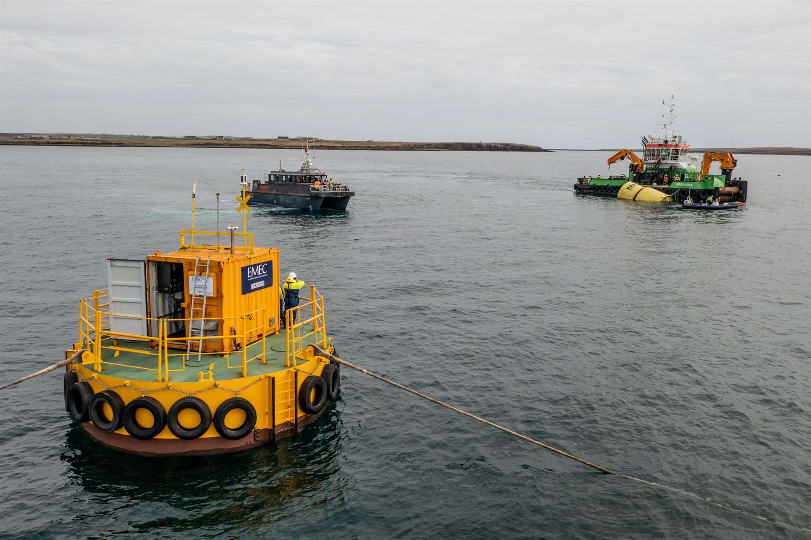 EMEC staff watch the test get under way from their support buoy on Scapa Flow. Picture: EMEC