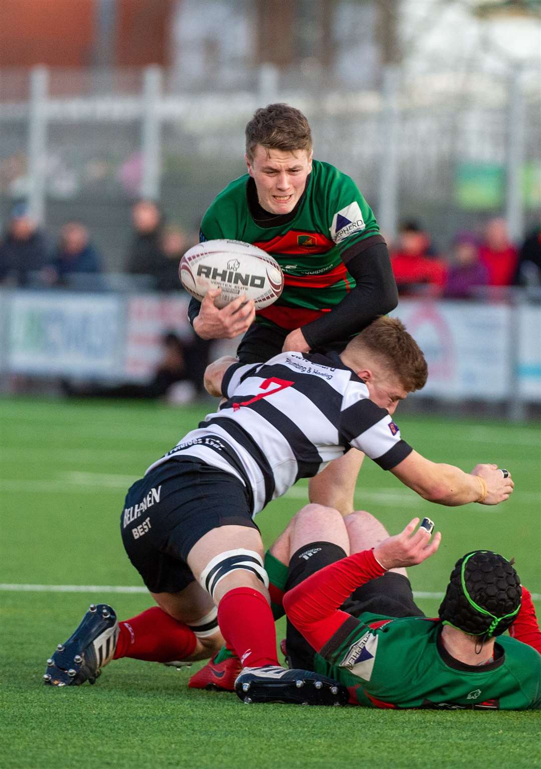 Highland v Kelso, Canal Park, Inverness...Scott Fraser takes a hit...Picture: Callum Mackay..