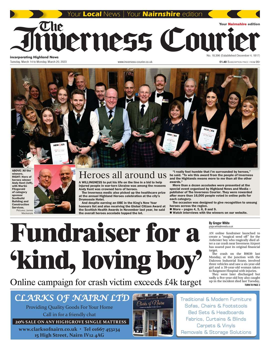 The Inverness Courier (Nairnshire edition), March 14, front page.