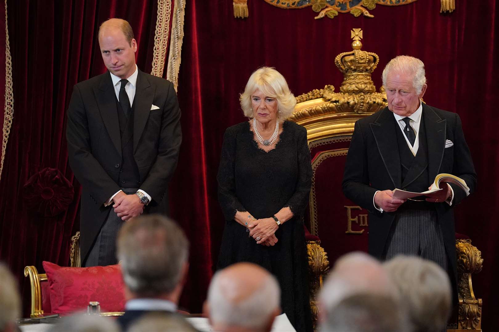 King Charles III and the Queen with the new Prince of Wales during the Accession Council at St James’s Palace (Victoria Jones/PA)