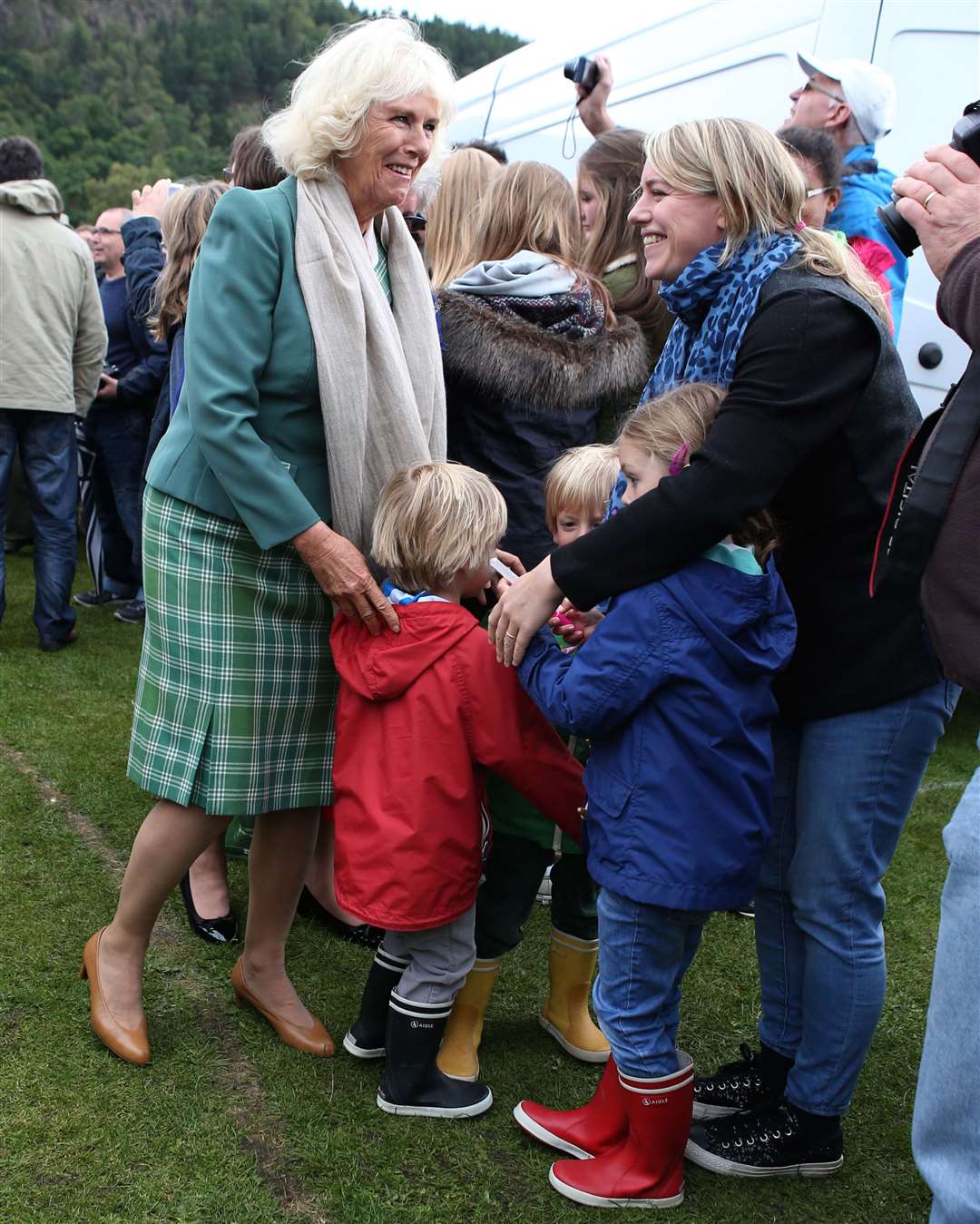 The Duchess of Cornwall with her grandchildren and their mother, her daughter Laura Lopes (Andrew Milligan/PA)