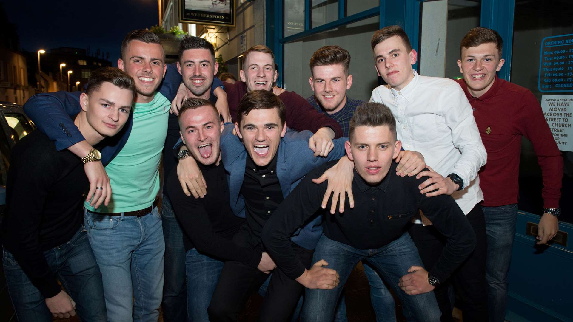 Marty Dey (front, blue jacket) out on his 21st birthday with the lads.