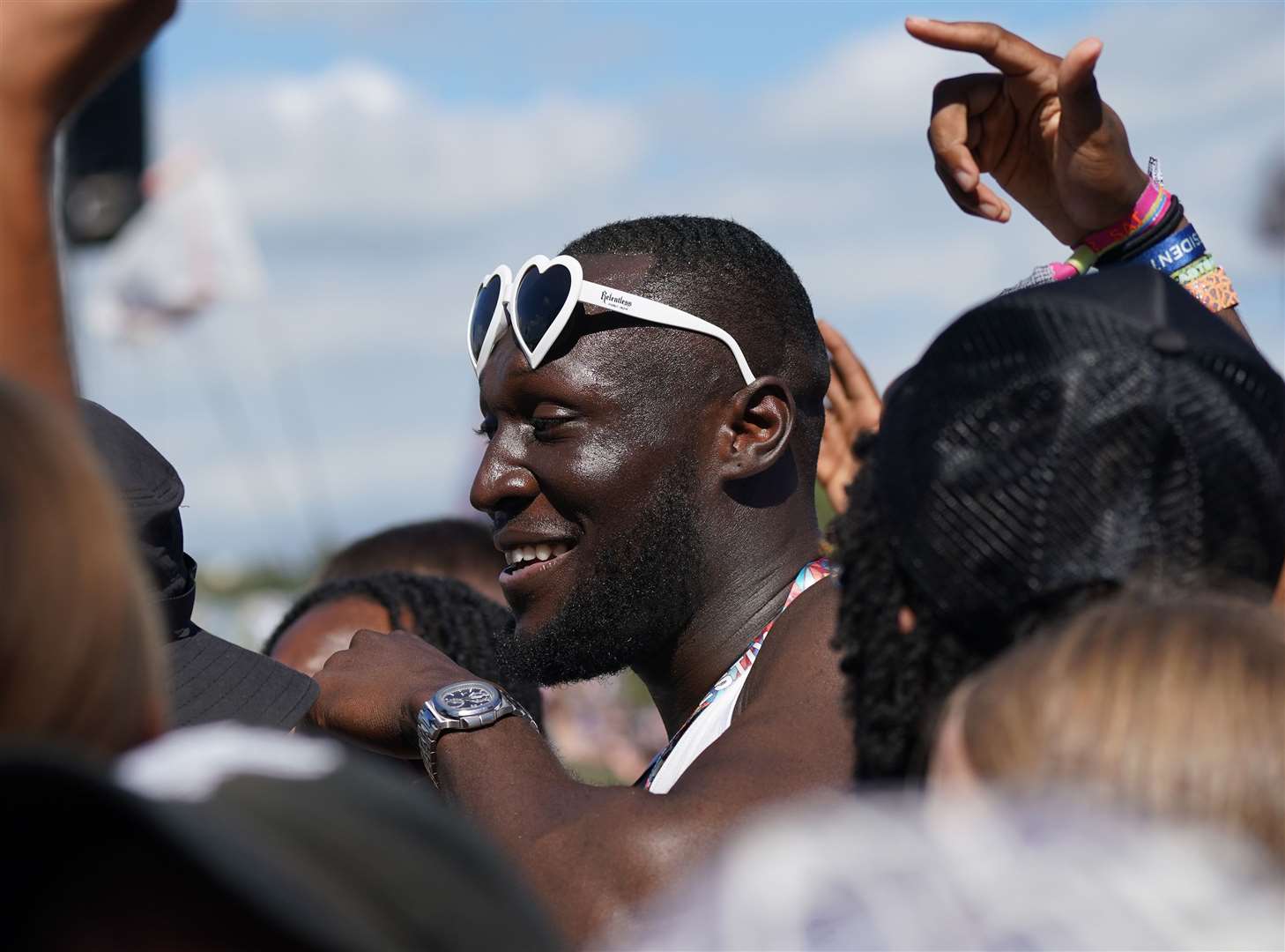 Stormzy in the crowd watching fellow British rapper Aitch performing on the Pyramid Stage (Yui Mok/PA)