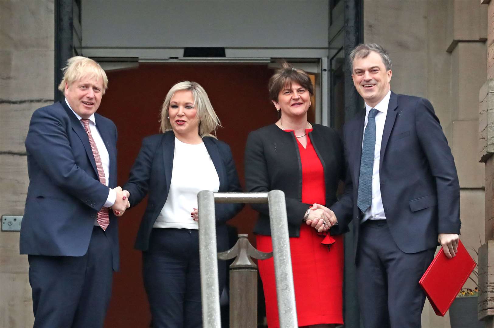 Boris Johnson, Arlene Foster, Michelle O’Neill and then-Northern Ireland Secretary Julian Smith at Stormont, as the devolved administration was restored in January after three years of bitter stalemate (Brian Lawless/PA)