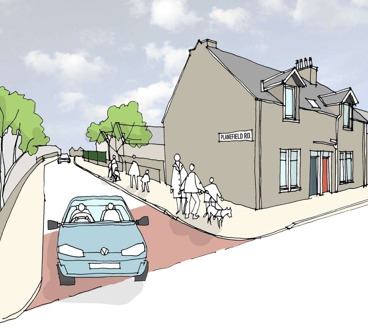 A concept drawing of one of the possible interventions showing what could be done in Planefield Road to improve pedestrian safety. This is just a concept image and not a concrete design.