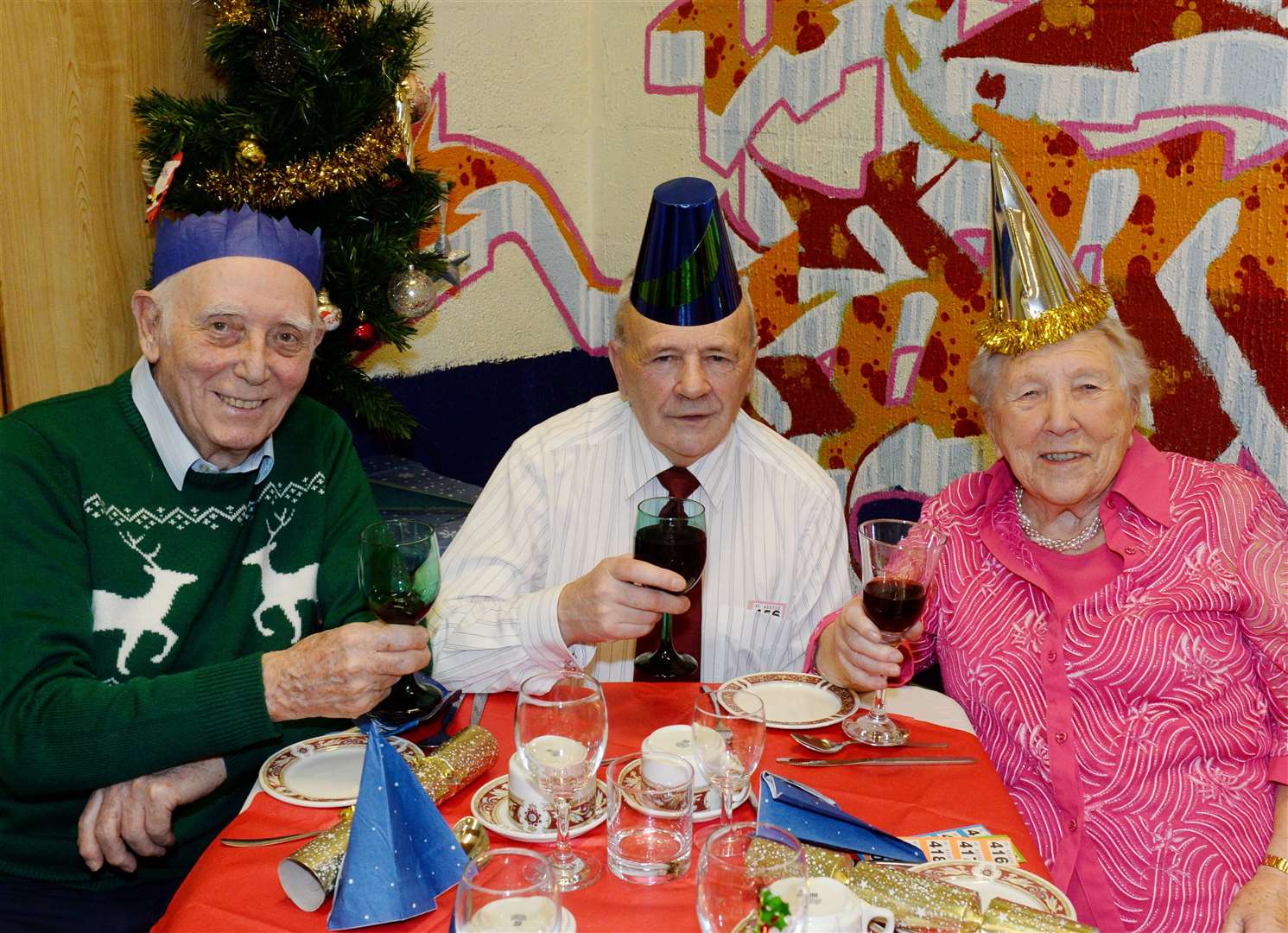 Dalneigh Pensioners Christmas Dinner: Ron McIntyre, Roy Marr and Elspeth McIntyre. Picture: Gary Anthony.