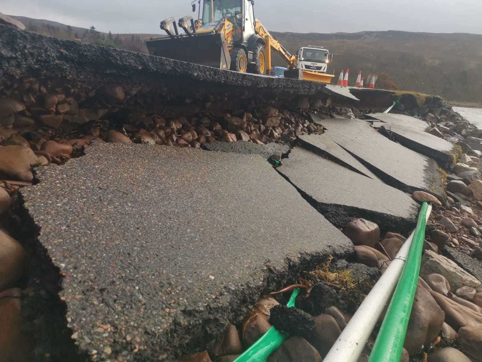 Part of the road was washed away by surging seawater at Applecross on the west coast on Tuesday. Picture: Highland Council.