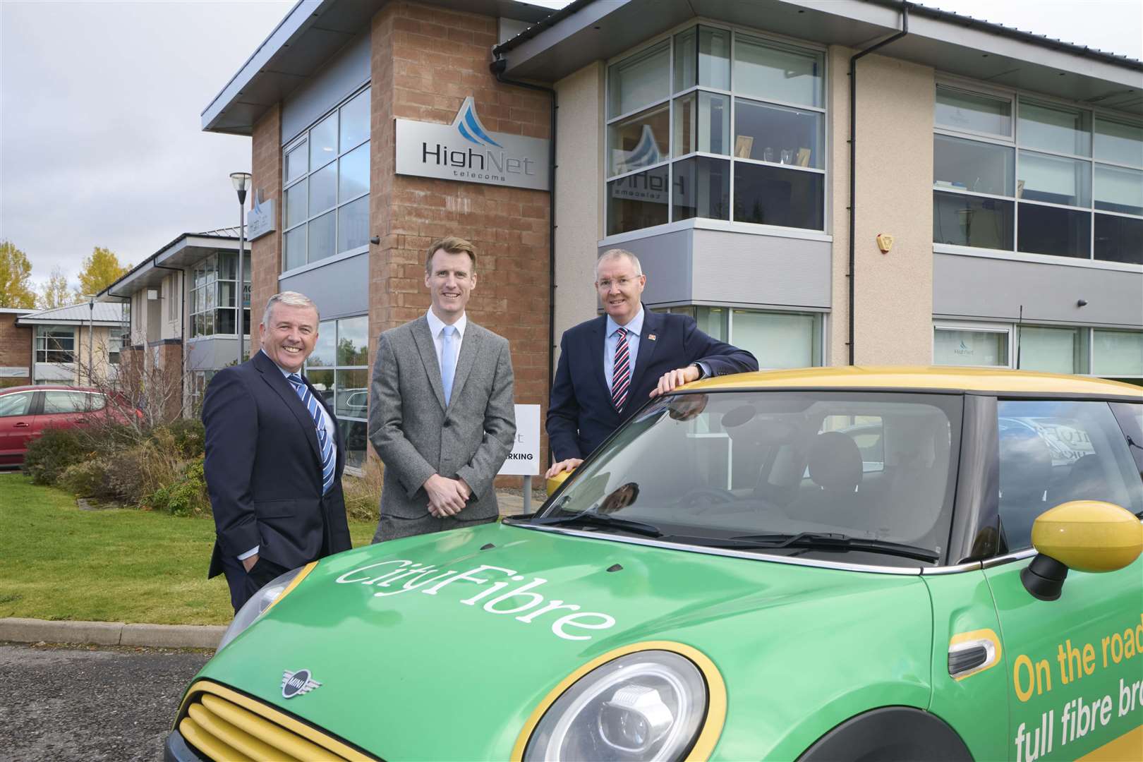 David Siegel, managing director at HighNet, Allan McEwan, CityFibre’s city manager for Inverness, and Councillor Duncan MacPherson outside HighNet's head office at Cradlehall Business Park.