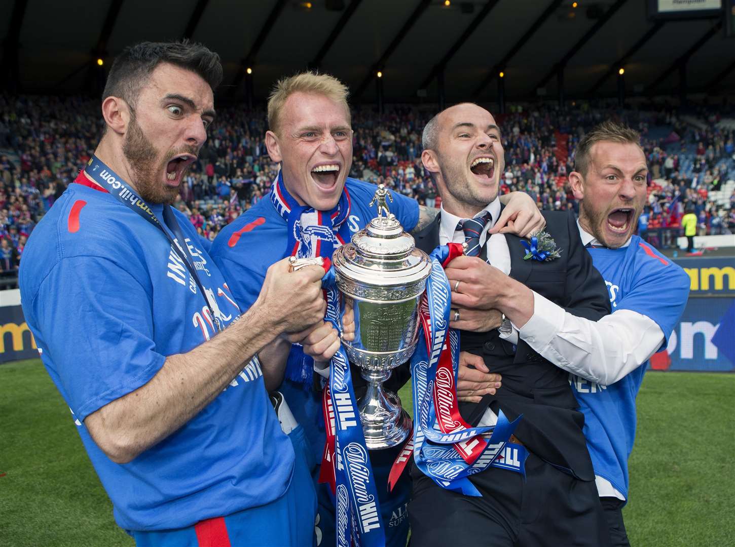 Picture - Ken Macpherson, Inverness. Scottish Cup Final. Inverness CT(2) v Falkirk(1). 30.05.15. ICT's Ross Draper joined Carl Tremarco, David Raven, and Gary Warren with the Cup.