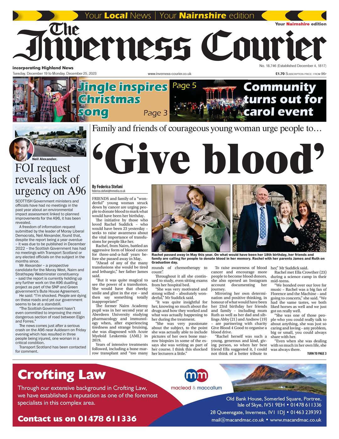 The Inverness Courier (Nairnshire edition), December 19, front page.
