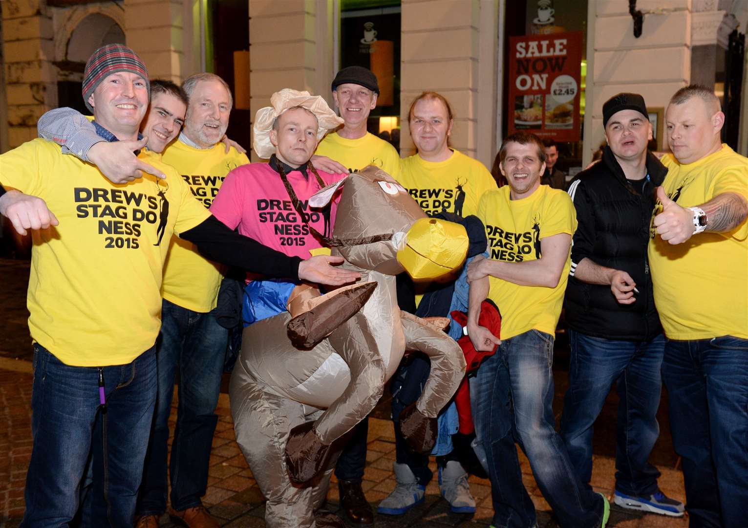 Drew Taylor (pink) from Scorguie enjoys a stag night out with friends and 'Shergar'. Picture: Gary Anthony..