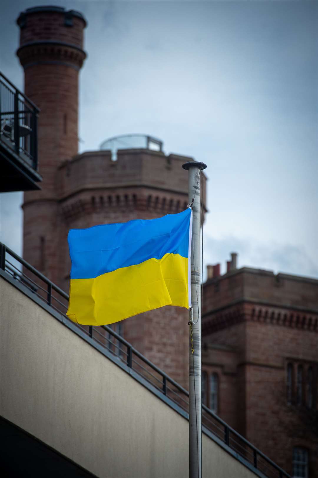 Ukrainian flag outside Johnny Foxes.