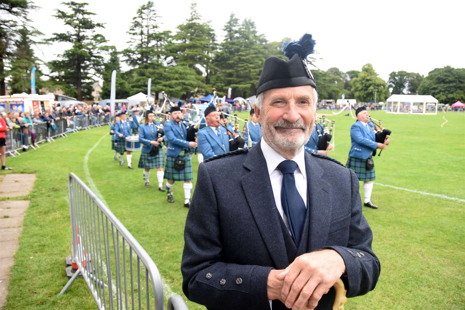 Cheiftain John Channon, MBE, Chairman of the Forres & District Pipe Band, at the Forres Highland Games 2019. Picture: Becky Saunderson