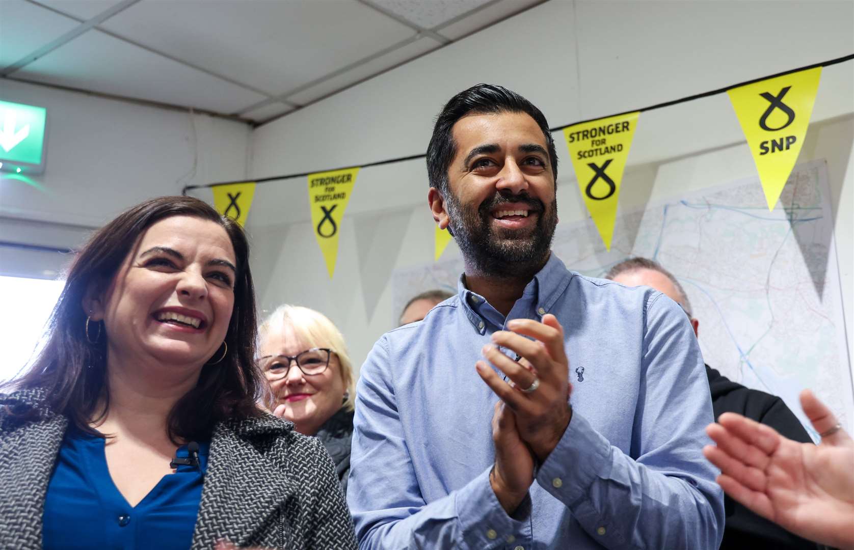 SNP leader Humza Yousaf joins SNP candidate Katy Loudon, left, ahead of the Rutherglen and Hamilton West by-election (Robert Perry/PA)