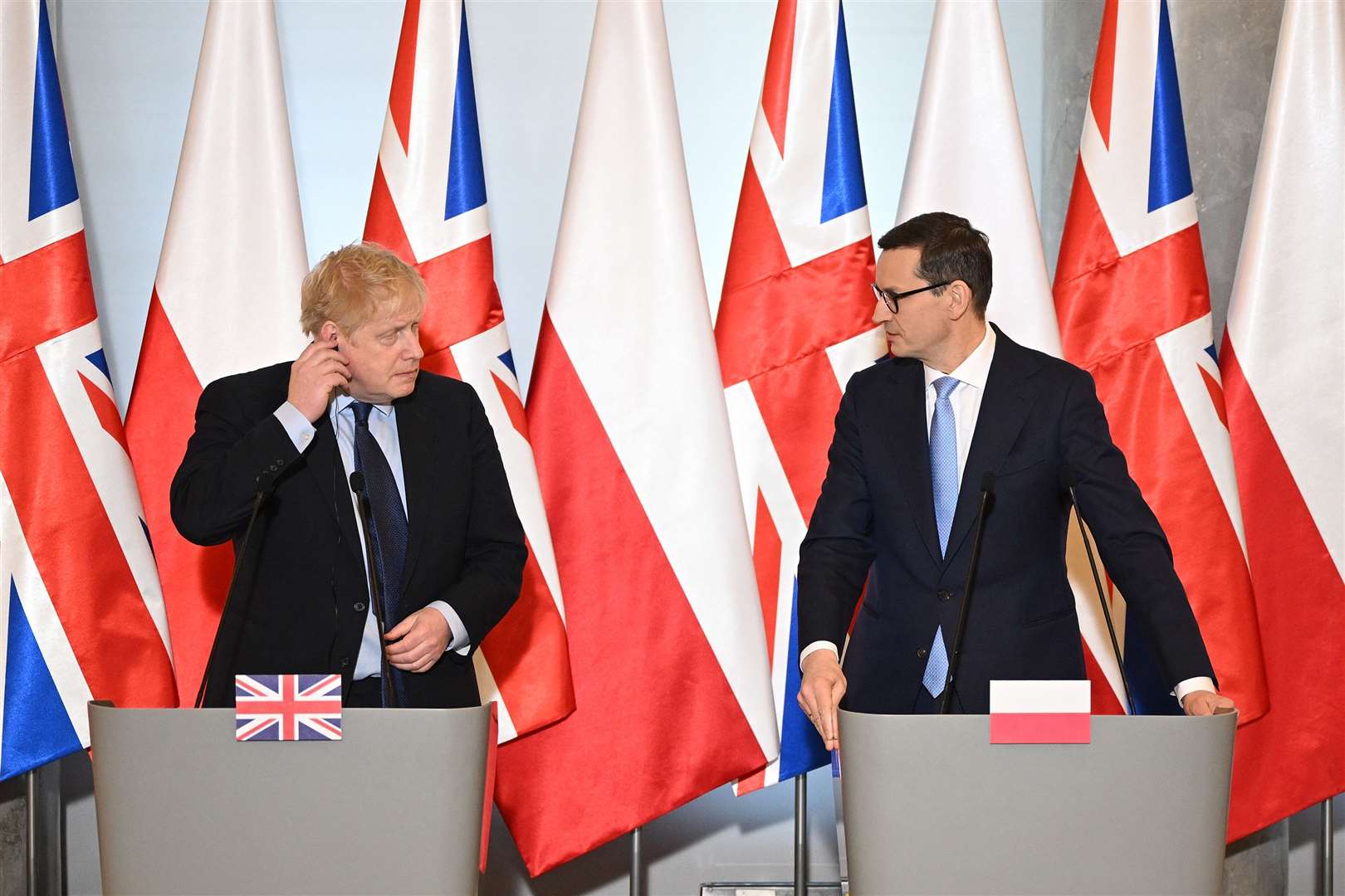 Prime Minister Boris Johnson with Polish Prime Minister Mateusz Morawiecki (Leon Neal/PA)