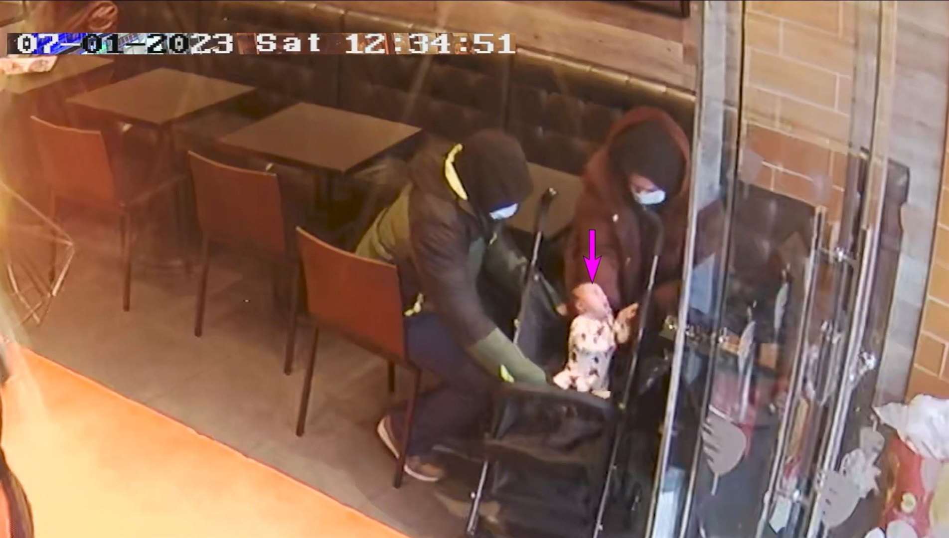 CCTV image of Constance Marten, Mark Gordon and baby Victoria in a kebab shop in east London (Metropolitan Police/PA)
