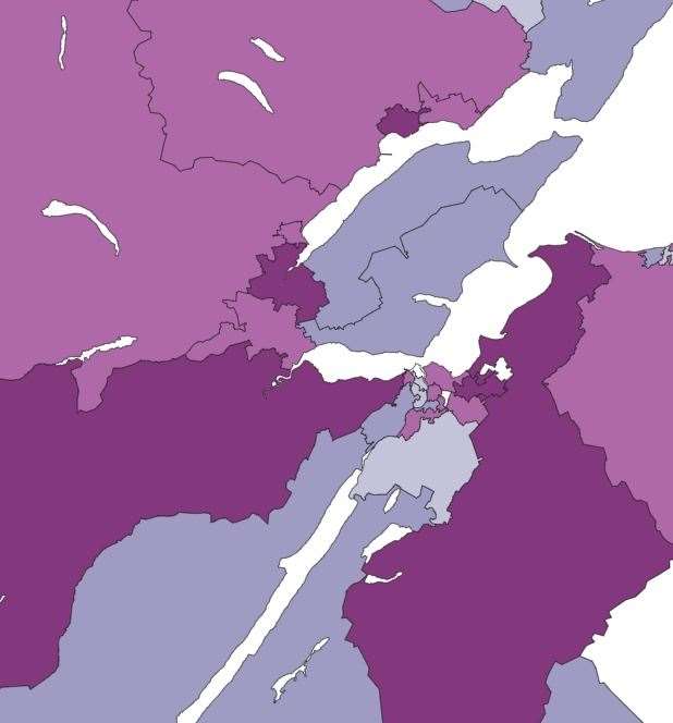 Public Health Scotland's Covid map also showed multiple cases in communities further away from the city. Picture: Public Health Scotland.