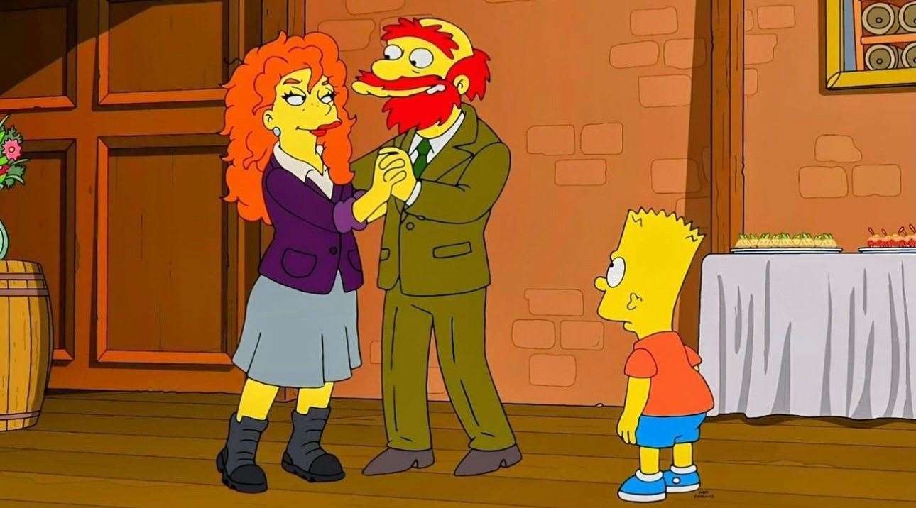 A screenshot Karen Gillan shared to promote her appearance as Groundskeeper Willie's new love interest in this weekend's The Simpsons.