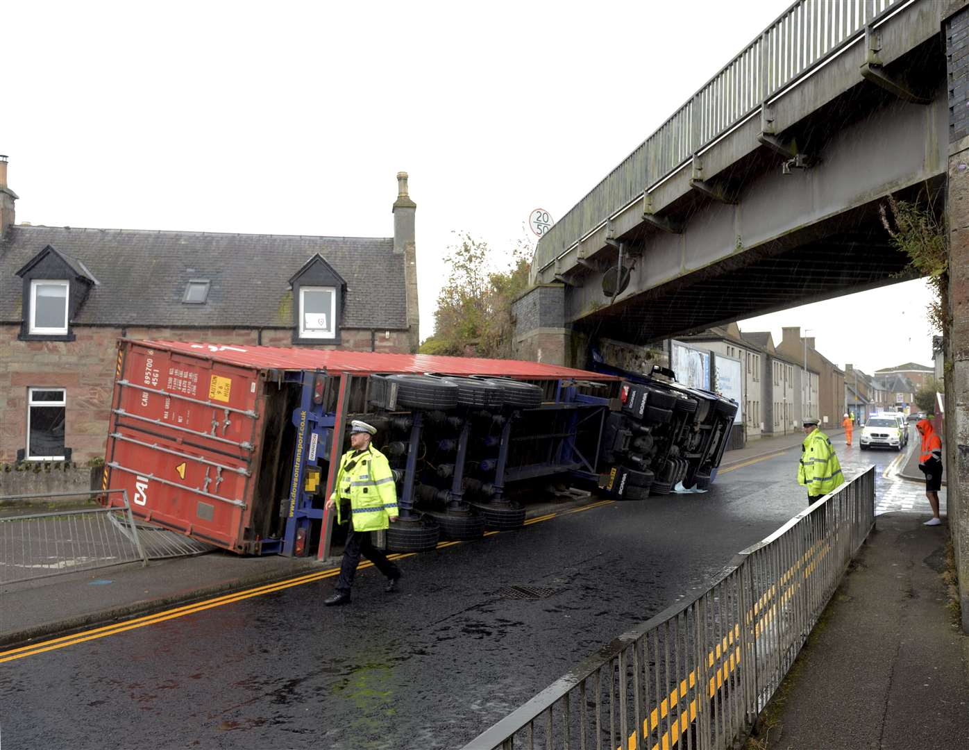 Lorry on its side, Grant Street, Inverness.Picture: SPP Photographer.