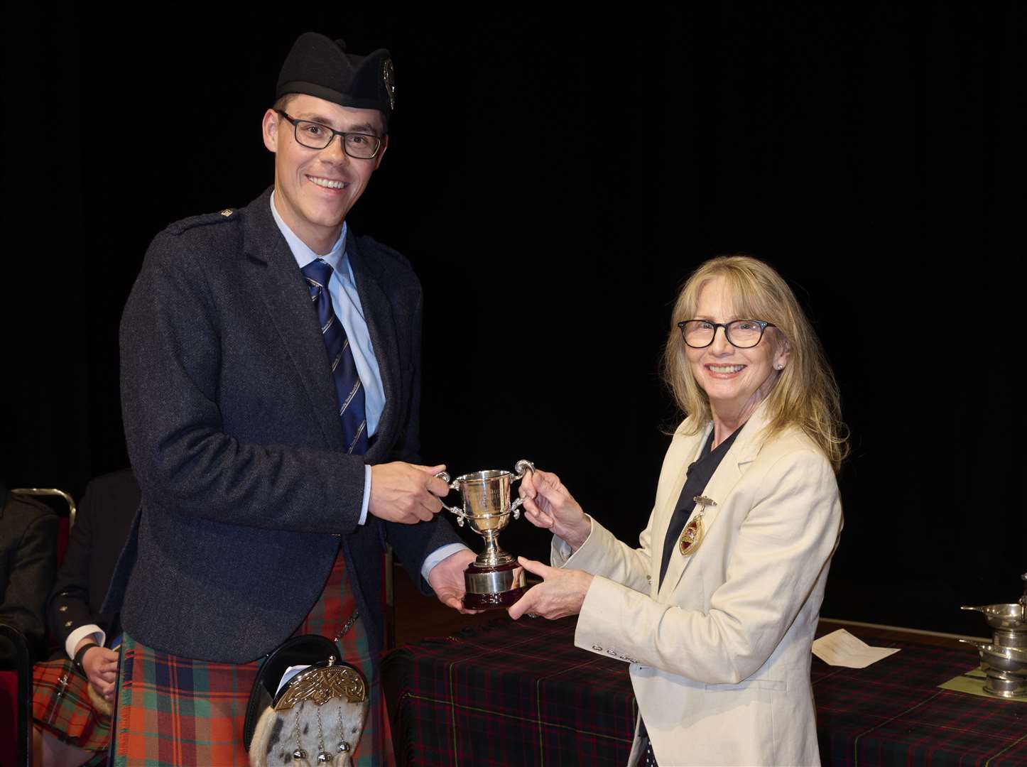 Glynis Campbell-Sinclair (the Provost of Inverness) with Zephan Knichel who won the 1st Hornpipe and Jig B at the Northern Meeting 2022 which was held at Eden Court in Inverness.