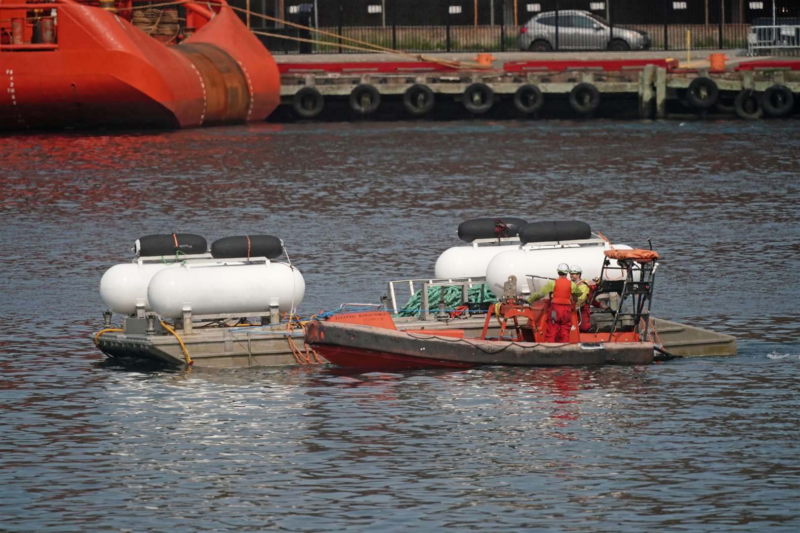 The launch platform used for the Titan submersible is towed at the port of St. John’s in Newfoundland (PA)