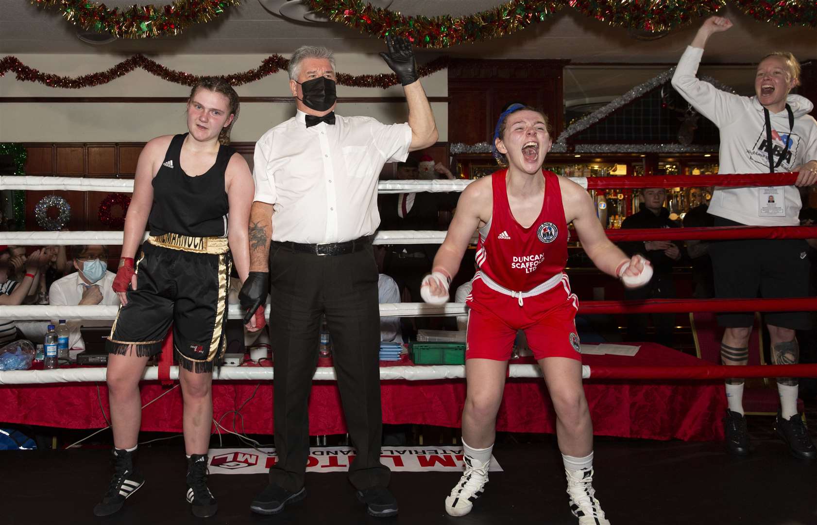Beth Mackenzie (red) won by unanimous decision over Isla Grant in Highland Boxing Academy's home show in December 2021. Picture: David Rothnie