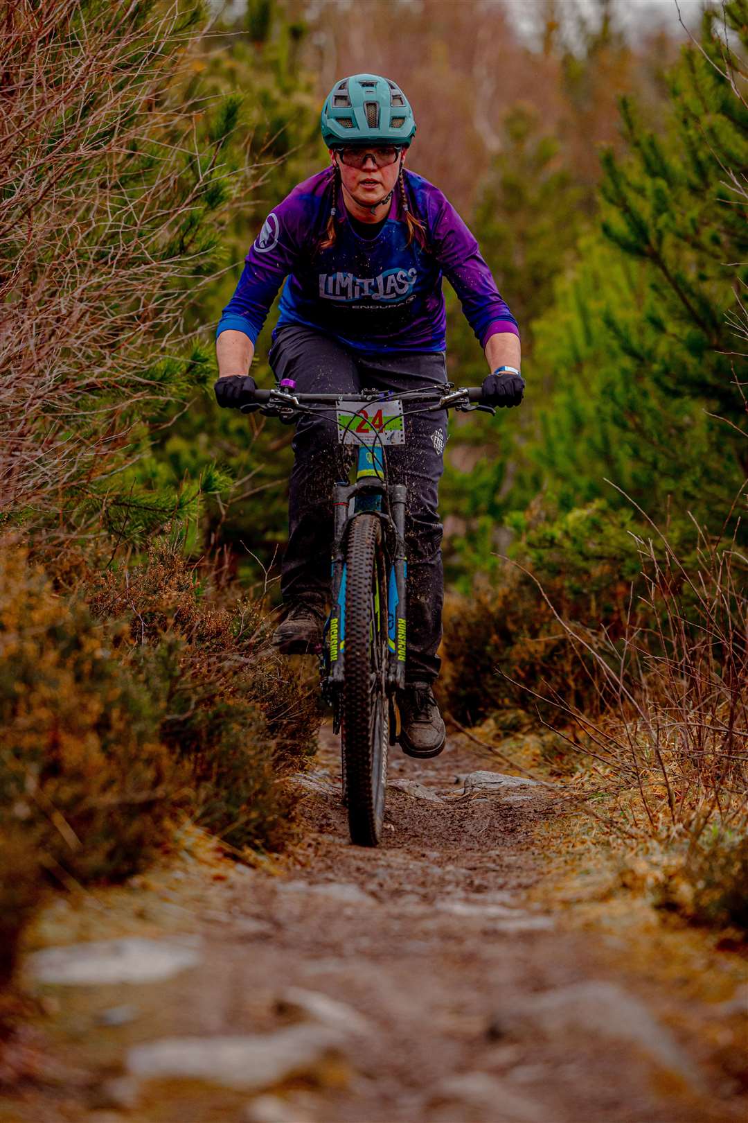 Jane concentrates on the narrow trail during one of her 11 laps. Picture: Digital Downhill