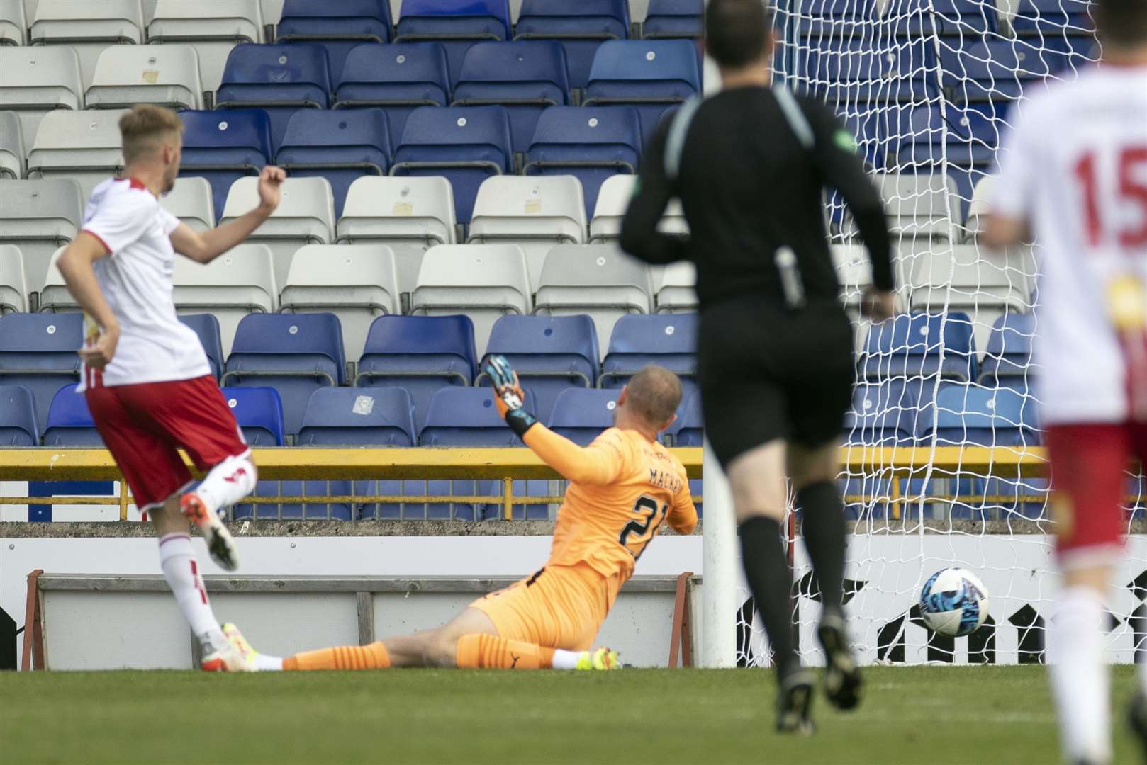 Brechin's Grady McGrath scores past ICT goalkeeper Cameron Mackay to bring the deficit back to a single goal. Picture: Ken Macpherson
