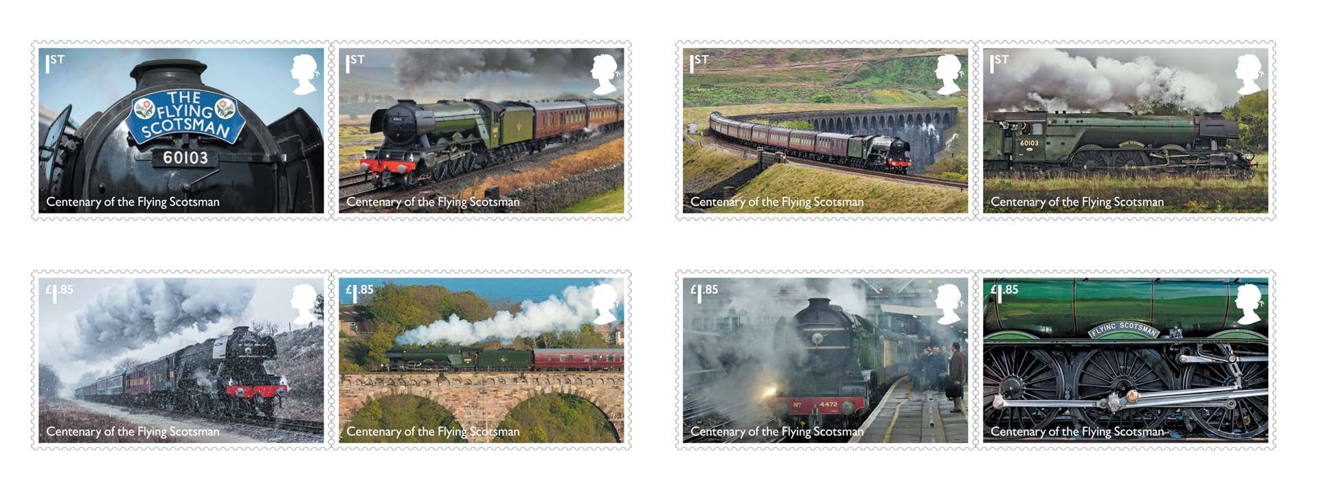 Eight of 12 new stamps to mark the 100th anniversary of steam locomotive Flying Scotsman (Royal Mail/PA)