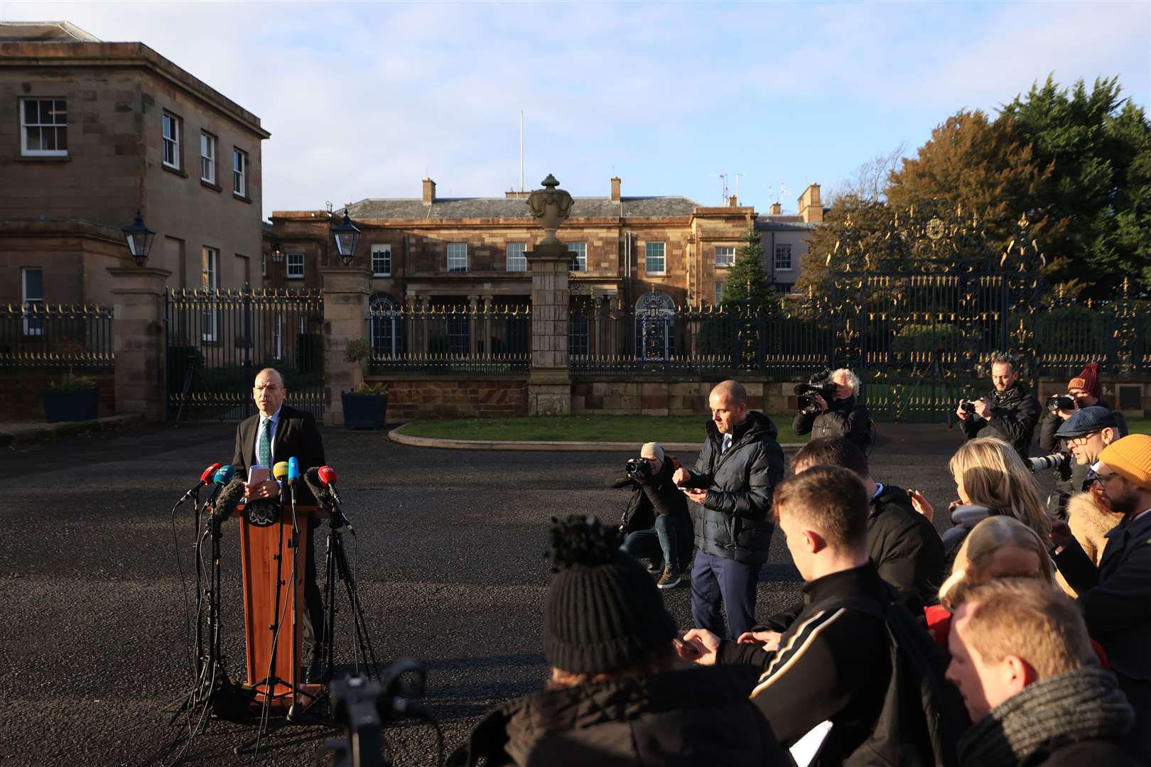 Northern Ireland Secretary Chris Heaton-Harris speaks to the media outside Hillsborough Castle (Liam McBurney/PA)