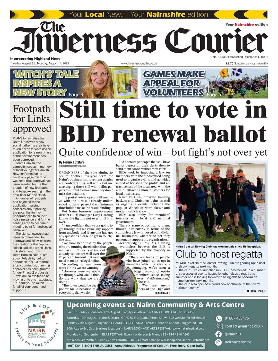 The Inverness Courier (Nairnshire edition), August 8, front page.
