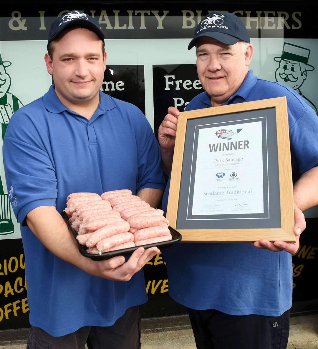 Mark Sloggie and Alistair Paul, of A&I Quality Butchers, with the best Scottish traditional sausage award.
