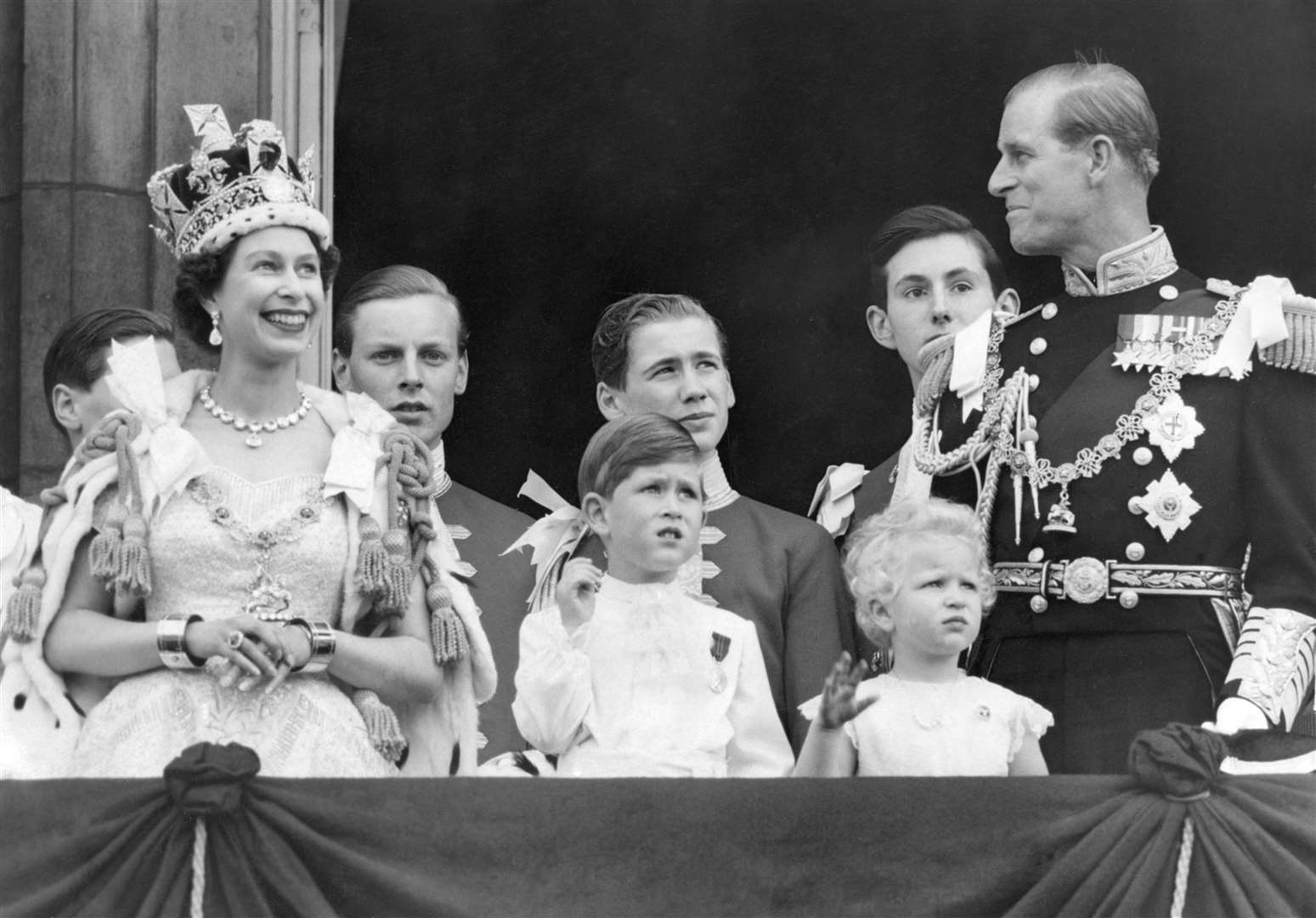 The royal family on the balcony at Buckingham Palace after the coronation at Westminster Abbey in 1953 (PA)