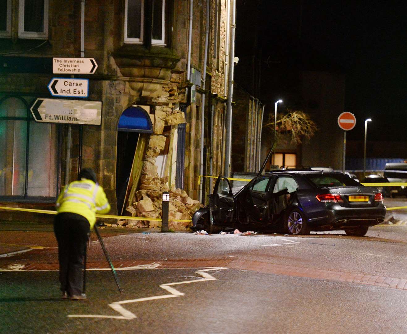 RTC on Grant Street as car hits former William Hill on junction with Lochalsh Road..Picture HN&M staff..