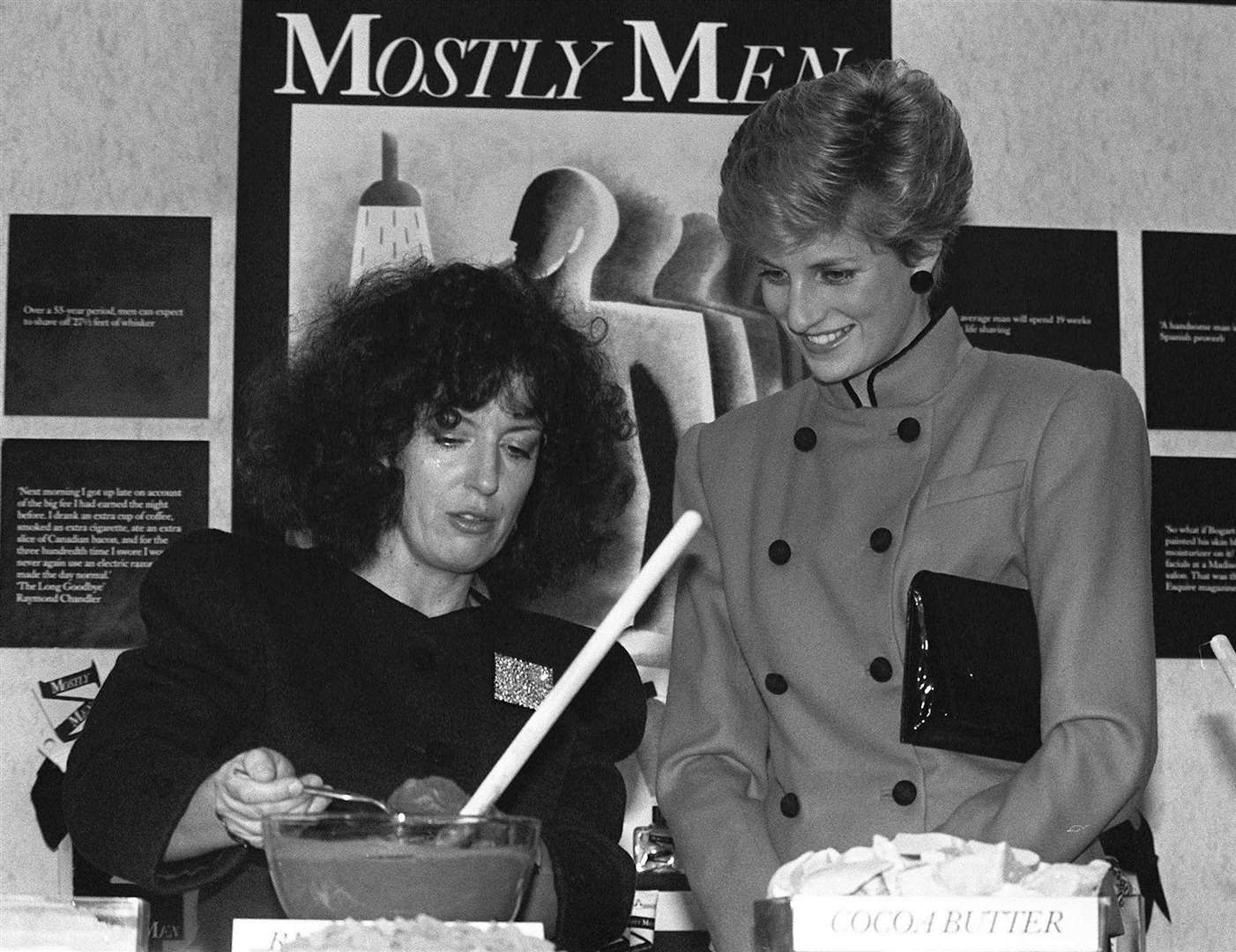 Body Shop founder Anita Roddick gives a demonstration for Diana, Princess of Wales, at the opening of a new headquarters in Littlehampton, Sussex, in 1986 (PA Archive)