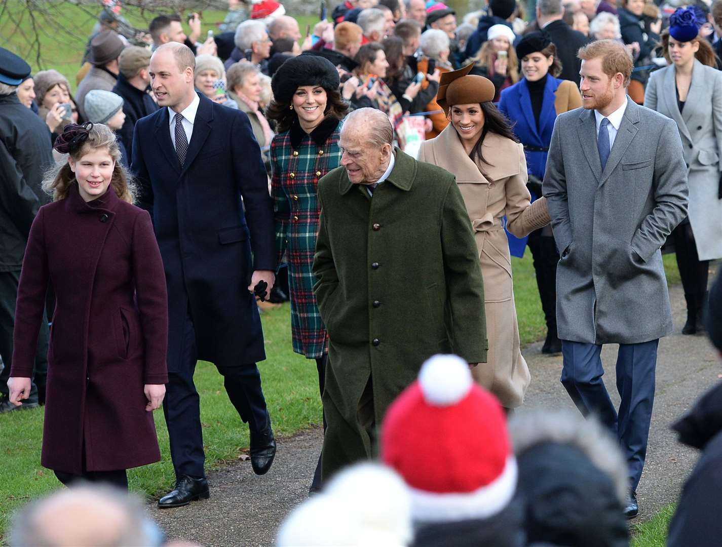 Lady Louise Windsor, the Duke of Edinburgh, the Cambridges and Sussexes on Christmas Day in 2017 (Joe Giddens/PA)