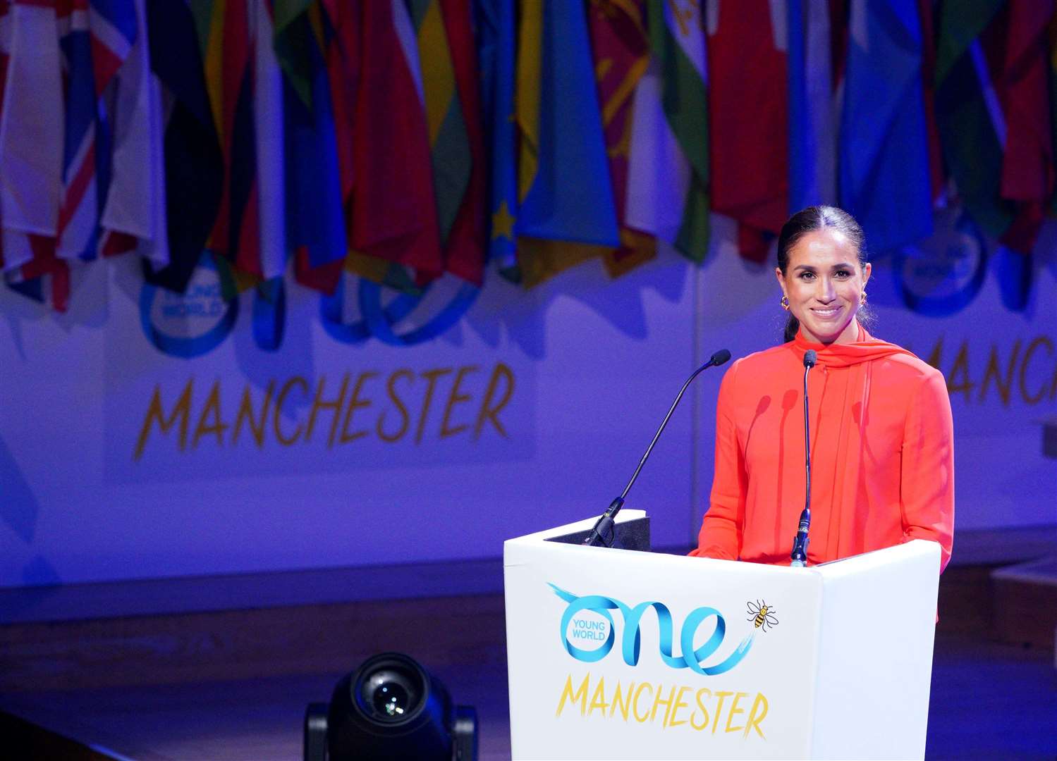 Meghan gave the keynote address in Manchester on Monday for the One Young World summit (Peter Byrne/PA)