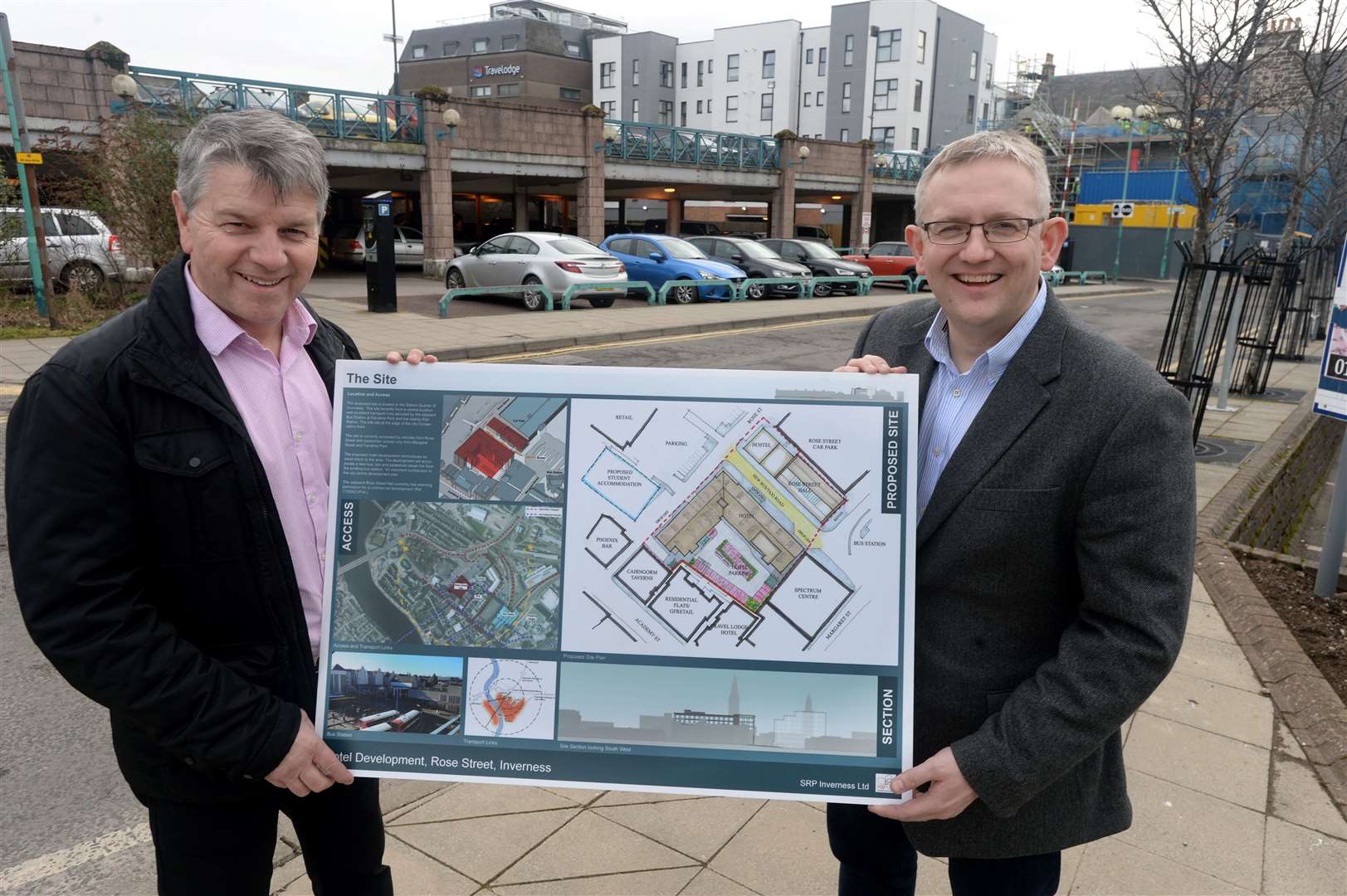 Hotel Development Rose Street..Directors of SRP Inverness Ltd Stuart McCaffer (left) and Stewart Campbell pictured at the site with plans for a proposed new hotel at Rose Street, Inverness....Hotel Development Rose Street.Picture: Gair Fraser. Image No. ..
