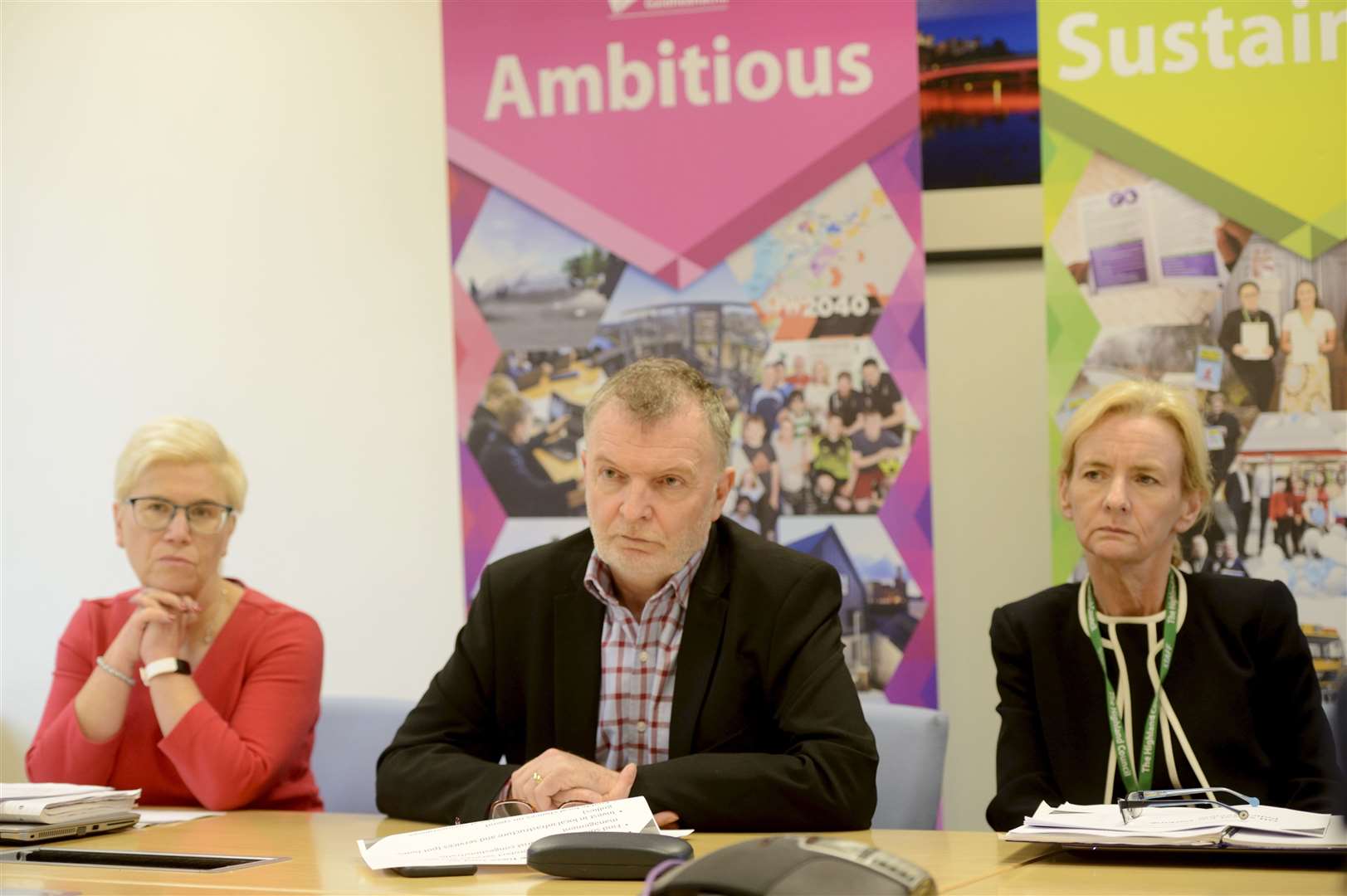 Executive Chief Officer of Resources & Finance Liz Denovan (left), with Deputy Council Leader Alasdair Christie and Highland Council Chief Executive Donna Manson.