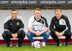 Midfielder James Beeston (centre), who has joined Clach from Ross County, with manager Iain Polworth (right) and new assistant boss Brian Macleod.