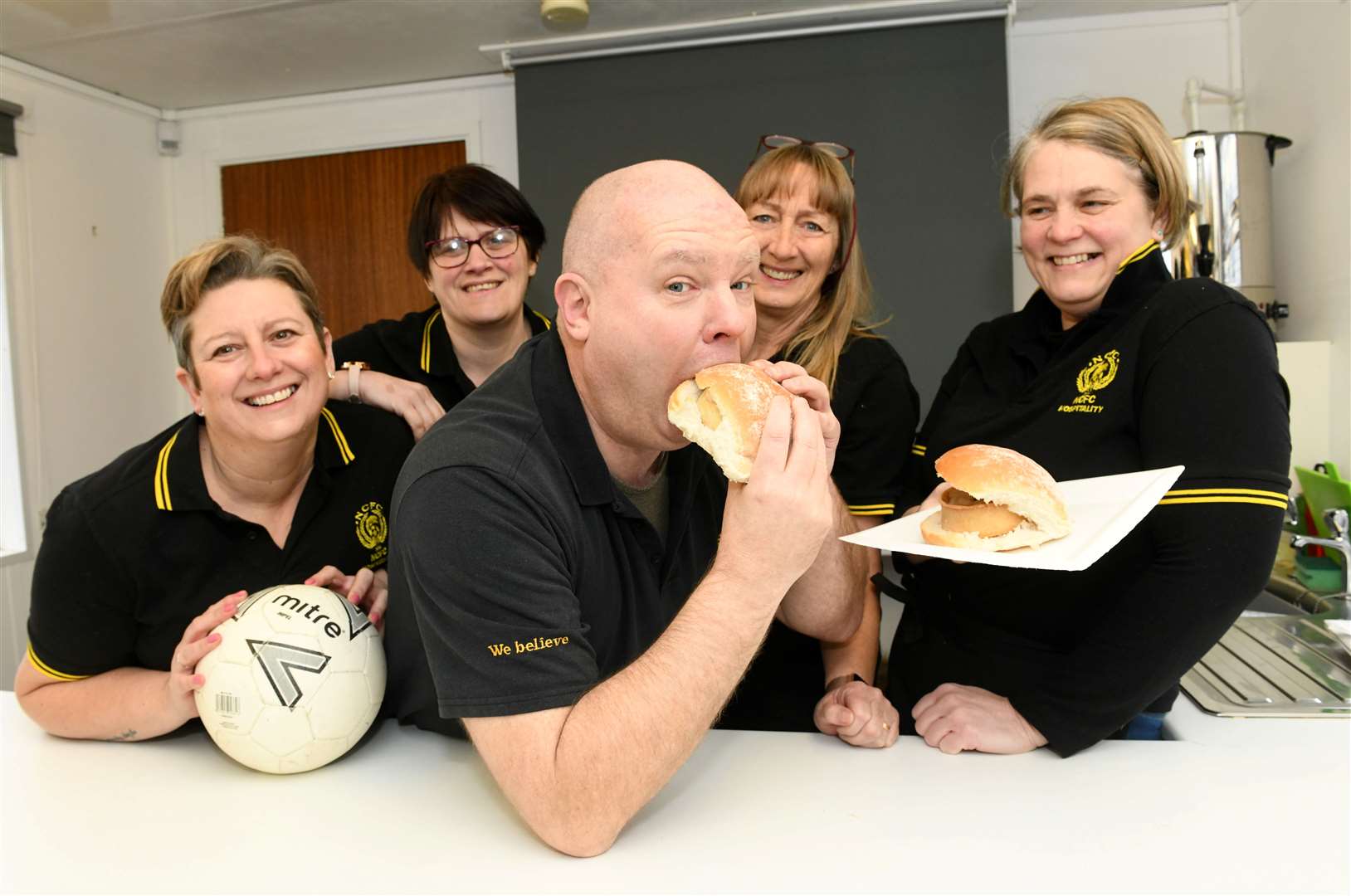 Nairn County Football Club and their pie in a roll which is being served up at the tea hut...Cindy Milne, Doreen Spark, Ian Finlayson Club Secretary, Kay Wilson and Debbie Smith..