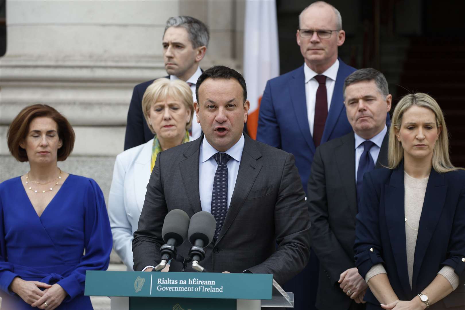 Taoiseach Leo Varadkar (centre) speaking to the media at Government Buildings in Dublin (Nick Bradshaw/PA)