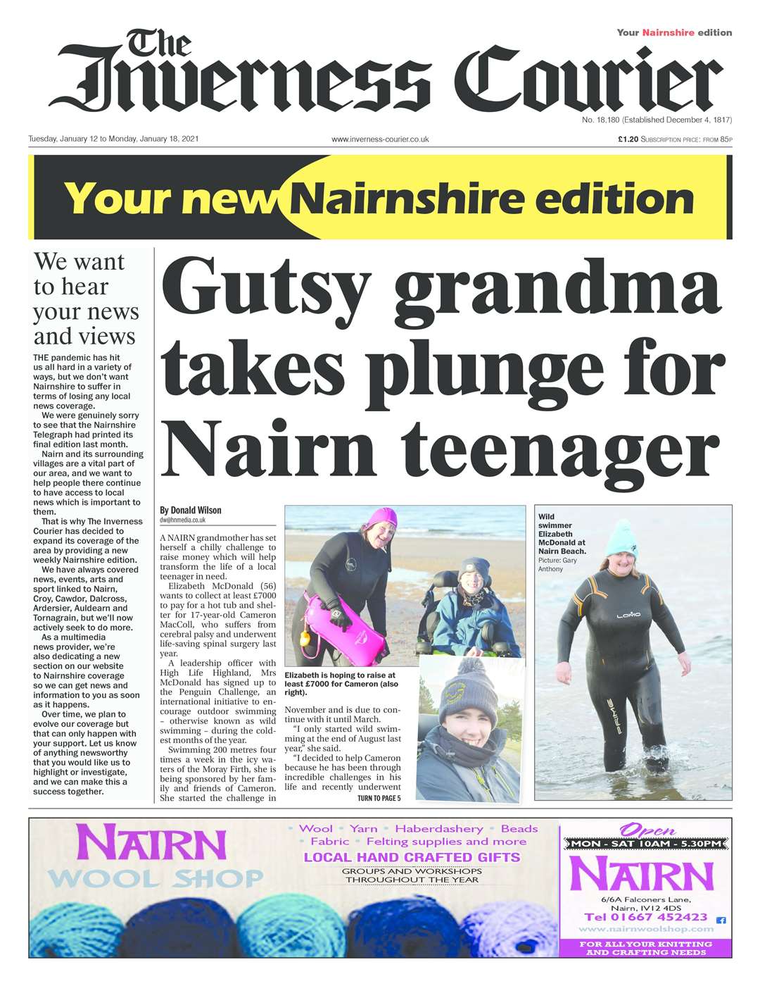 front page of the new Nairn edition of The Inverness Courier
